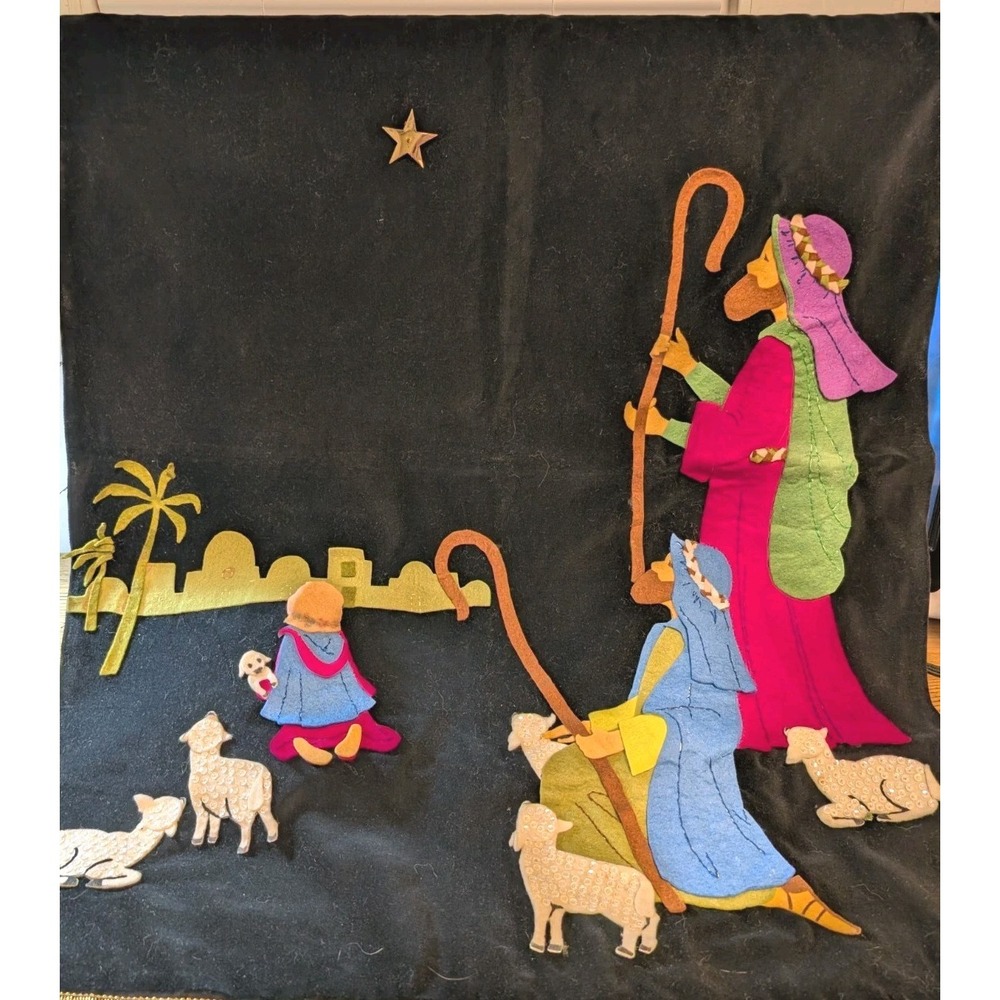 Vintage Velvet‎ Felt Nativity Sta Shepherds And Sheep Christmas Handmade 36"x25"